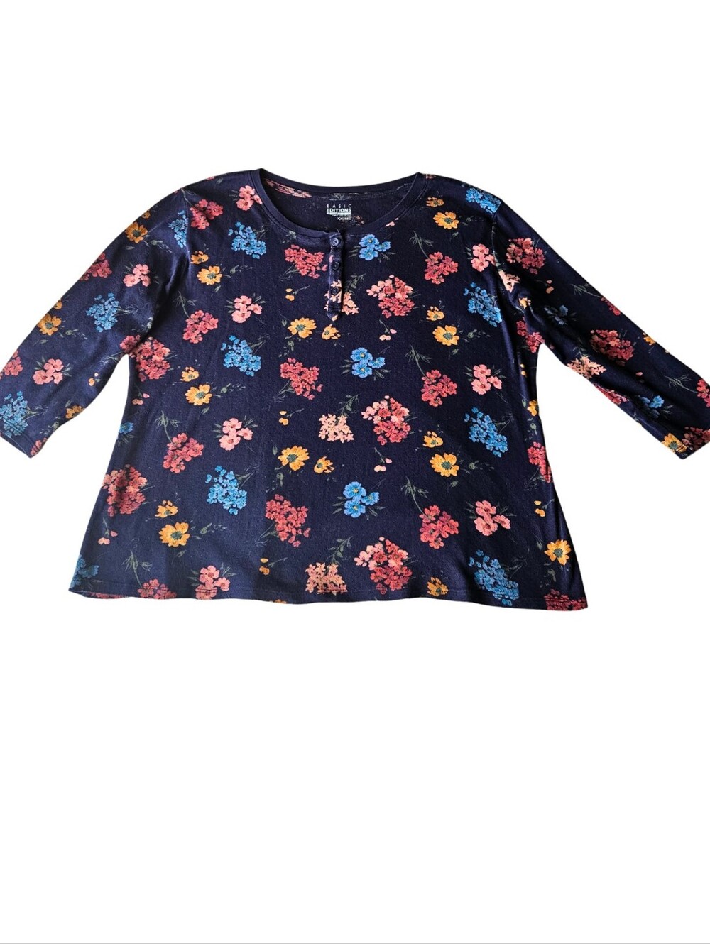 🦋Navy Floral Stretchy Top 100% Cotton with Pink, Blue & Yellow Flowers🌺